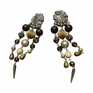 Vintage Pewter, Beaded Dangle Clip Earrings- Noir Whimsygoth Mori Snow Queen 90s